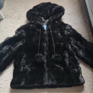 Nine West Dark Brown Faux Fur Teddy Jacket Puffer Hooded Pom Pom String M